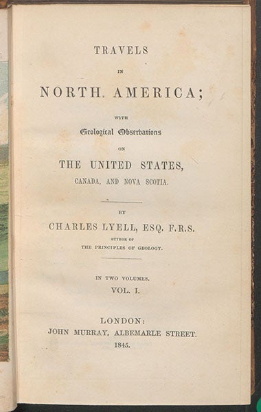 Title page, Travels in North America, by Charles Lyell, vol. 1, London, 1845 (Linda Hall Library)