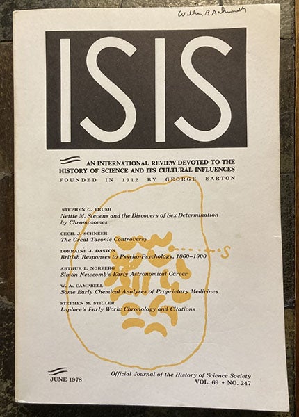 Chromosomes of Tenebrio, with the Y chromosome indicated by the letter “S”, from the 1905 paper of Nettie Maria Stevens, reproduced on the cover of Isis, vol. 69, no. 247, 1978 (author’s collection)