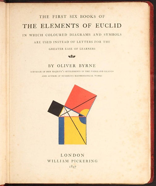Title page, The first Six Books of the Elements of Euclid, by Oliver Byrne, 1847 (Linda Hall Library)
