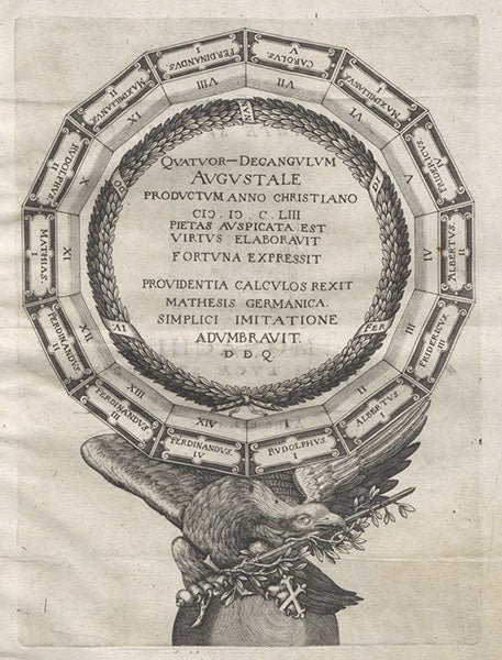 A geometrically-constructed 14-sided table for the 14 Habsburg emperors, engraving, Problema Austriacum, by Albert Curtz, 1653 (Linda Hall Library)