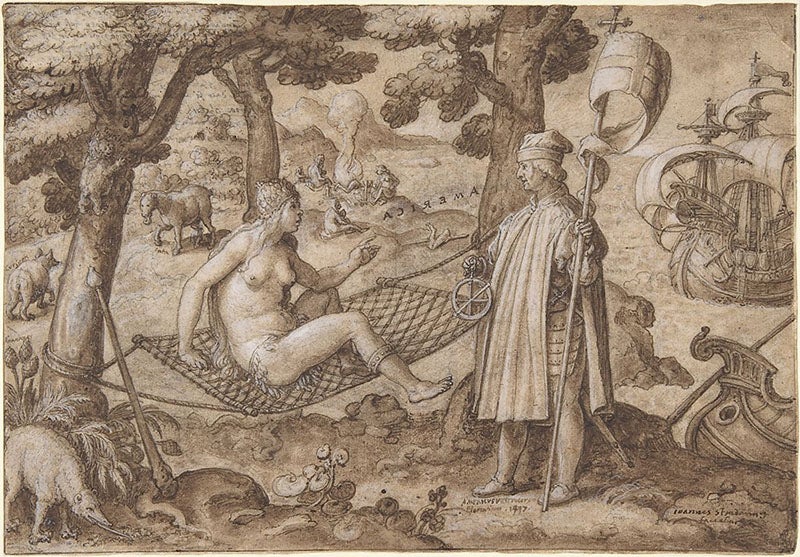Drawing for plate 1 of the Nova Reperta, “Discovery of America,” undated but with name “Ioannes Stradanus” at lower right (Metropolitan Museum of Art)