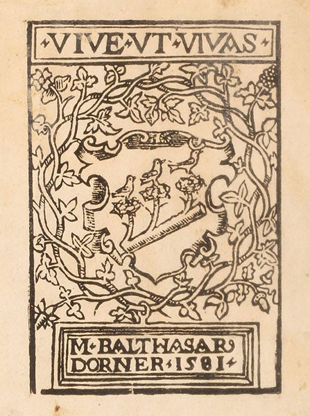 Book plate of Balthasar Dorner, inside front cover of Johannes Stöffler, Calendarium Romanum magnum, 1518 (Linda Hall Library)