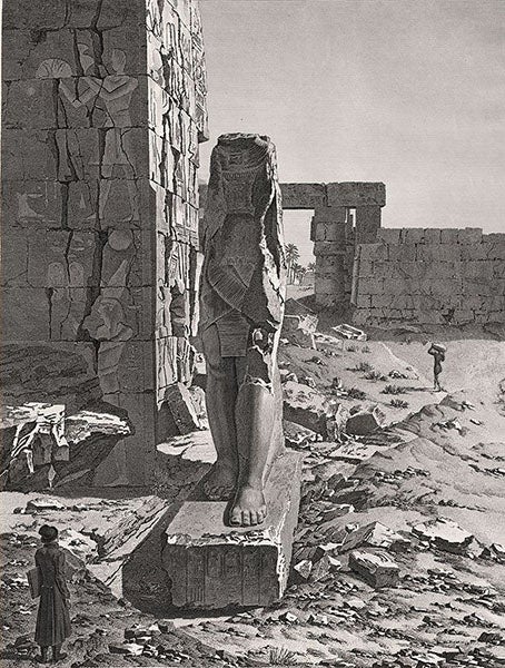 Remains of a standing colossus at Karnak, after drawing by André Dutertre, Description de l’Égypte, Antiquités, vol. 3, plate 20, 1812 (Linda Hall Library)