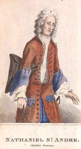 Caricature of Nathaniel St Andre, “Rabbit Doctor,” hand-colored engraving, 1726, from University of Glasgow Library Special Collections (gla.ac.uk)