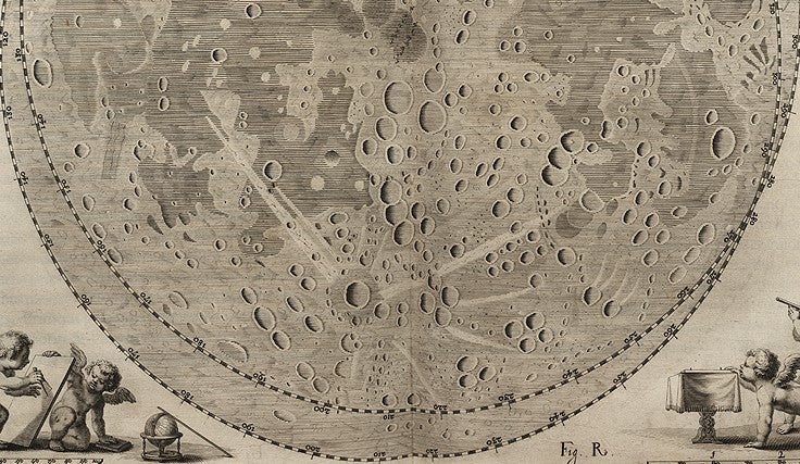 Woodcut of engraved shadowed moon map.