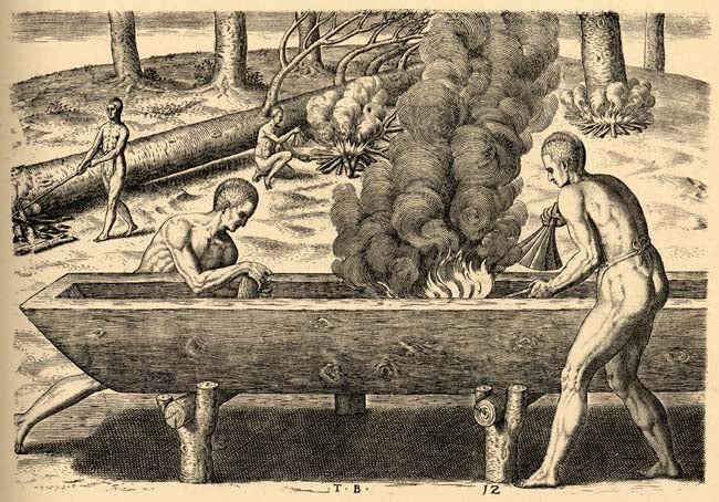 Algonquin natives making a dugout canoe, engraving by Theodor de Bry after a lost watercolor by John White, in Thomas Harriot, A Briefe and True Report of the new found land of Virginia, 1590 (docsouth.unc.edu)