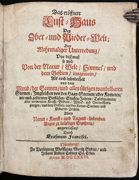 Title page, Das eröffnete Lust-Haus der Ober- und Nieder-Welt, by Erasmus Francisci, 1676 (Linda Hall Library)