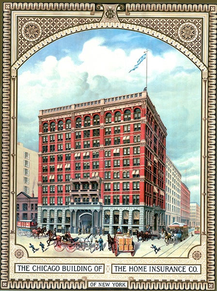 Home Insurance Company Building in Chicago in its original 10-story format, often referred to as the first skyscraper, designed and built by William Le Baron Jenney, completed 1885, early postcard  (chicagology.com)