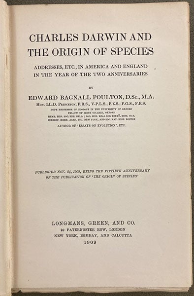 Title page, Charles Darwin and the Origin of Species, by Edward Poulton, 1909 (Linda Hall Library)