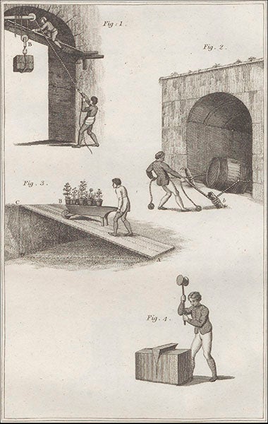 Four of the six mechanical powers, engraved diagram, from Margaret Bryan, Lectures on Natural Philosophy, 1806. (Linda Hall Library)
