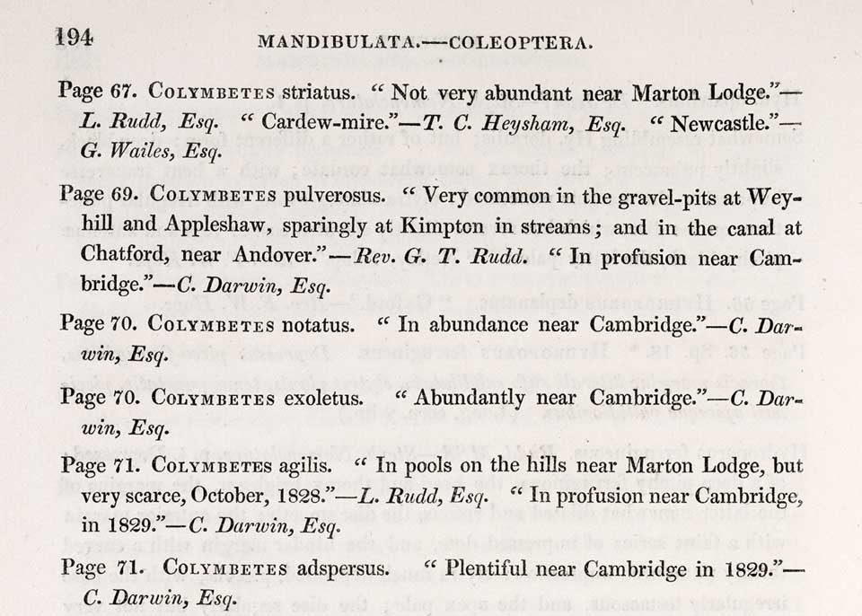 Page of endnotes in which Darwin is quoted and cited five times. Stephens, James Francis. Illustrations of British Entomology. Vol. 2, London: Printed for the author, published by Baldwin and Cradock, 1829, p. 194.