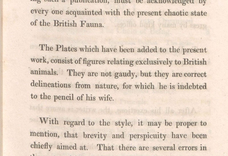 Detail of page in the preface in which the drawings on the plates are attributed to “the pencil of his wife,” The Philosophy of Zoology, by John Fleming, page xv, 1822 (Linda Hall Library)