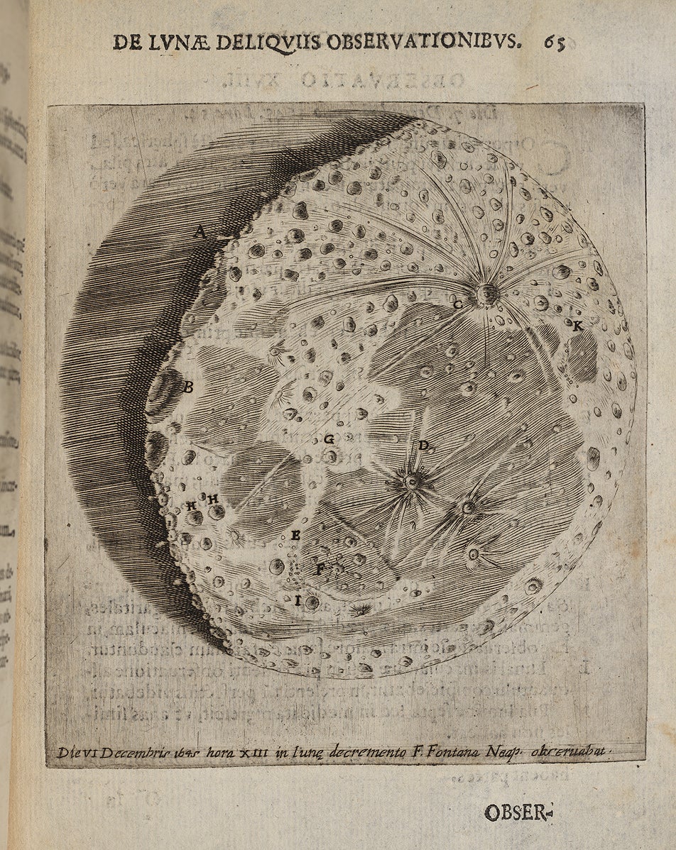 The drawing made on December 6, 1645, shows the moon several days after full. It vividly captures the ray systems of Copernicus (D) and Kepler, and the brightness of Aristarchus. The ray that runs from Tycho (C) all the way across the Sea of Serenity to Atlas and Hercules (K and H) is also effectively delineated. 