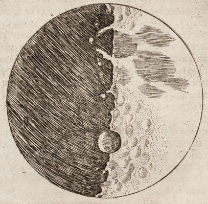 Woodcut plate of the moon, highlighting the left side of the moon and the craters in the vertical center. 