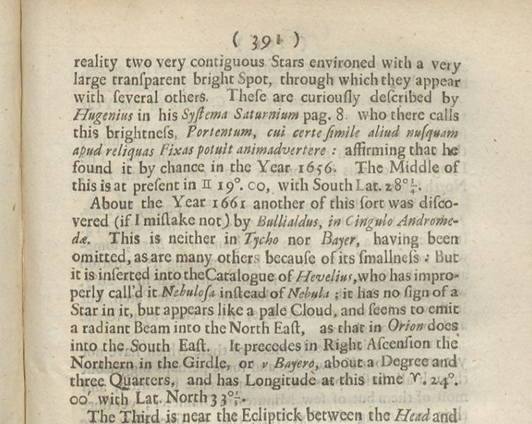 Part of the second page of Edmond Halley’s three-page paper on nebulae, discussing the nebulae recently discovered in Orion and Andromeda, Philosophical Transactions of the Royal Society of London, vol, 29, 1714-16 (Linda Hall Library)