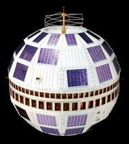 Telstar 1, launched into orbit on July 10, 1962, replica in Science Museum, London (Wikimedia commons)