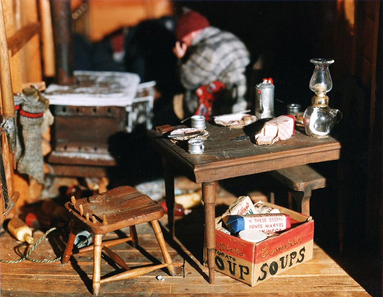 Detail of Woodman’s Shack diorama, by Frances Glessner Lee, ca 1944-48, on display at the Renwick Gallery, 2017-18, Office of the Chief Medical Examiner, Baltimore, Maryland (nlm.nih.gov)
