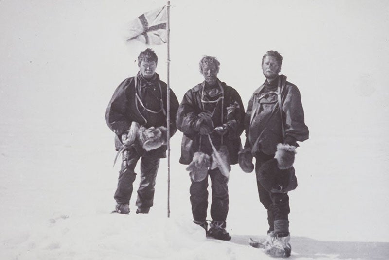 David (center), Mawson (right) and McKay at the South Magnetic Pole, Jan. 16, 1909 (antarctica.gov.au)