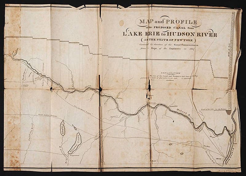 Segment of proposed map of Erie Canal route, showing section from Hudson River to Utica, from Official Report of the Canal Commissioners, 1817; the ”lockage” or drop in elevation is shown in a line graph at the top (The Linda Hall)