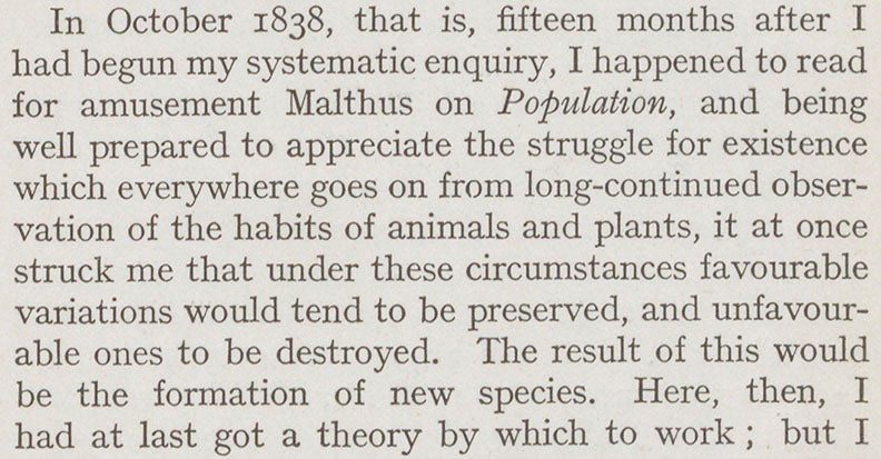 Passage from Charles Darwin’s Autobiography, 1929 edition, in which he recalls his first reading of Malthus’s Essay on Population (Linda Hall Library)