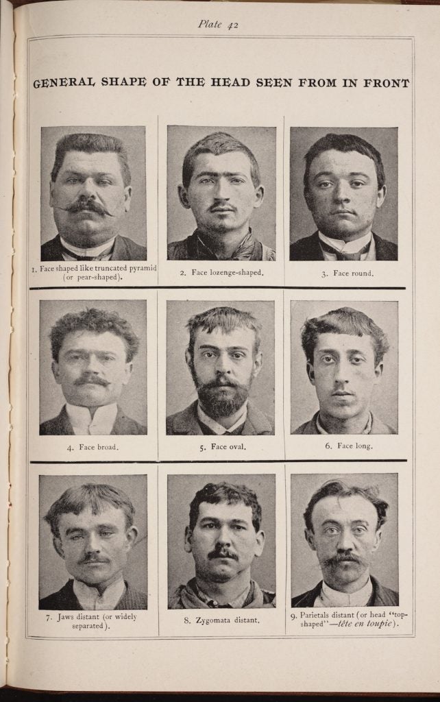 Descriptive information for identifying and classifying head shapes with the Bertillonage system. Image source: Bertillon, Alphonse. Signaletic Instructions Including the Theory and Practice of Anthropometrical Identification. Werner Company, 1896.