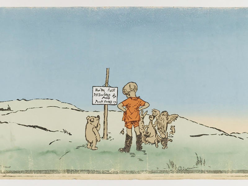 The North Pole and Christopher Robin’s sign, erected in the Hundred Acre Wood, based on the original drawing by E. H. Shepherd, detail of a frieze in the Cooper Hewitt Museum, ca 1926 (Cooper Hewitt Museum)
