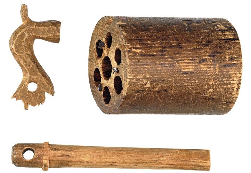 Wooden cylinder and hammer for a revolver, carved by Samuel Colt in 1831 (Wadsworth Atheneum)