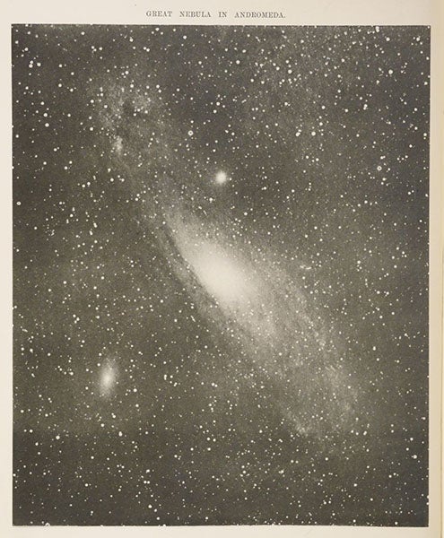 M31, Andromeda nebula, photograph taken by Isaac Roberts, 1888, in his A Selection of Photographs of Stars, Star-Clusters and Nebulae, vol. 1, 1893 (Linda Hall Library)