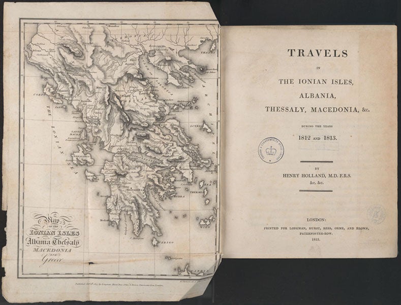 Title page and frontispiece map, Henry Holland, Travels in the Ionian Isles, 1815, King’s College Library, London (kingscollections.org)
