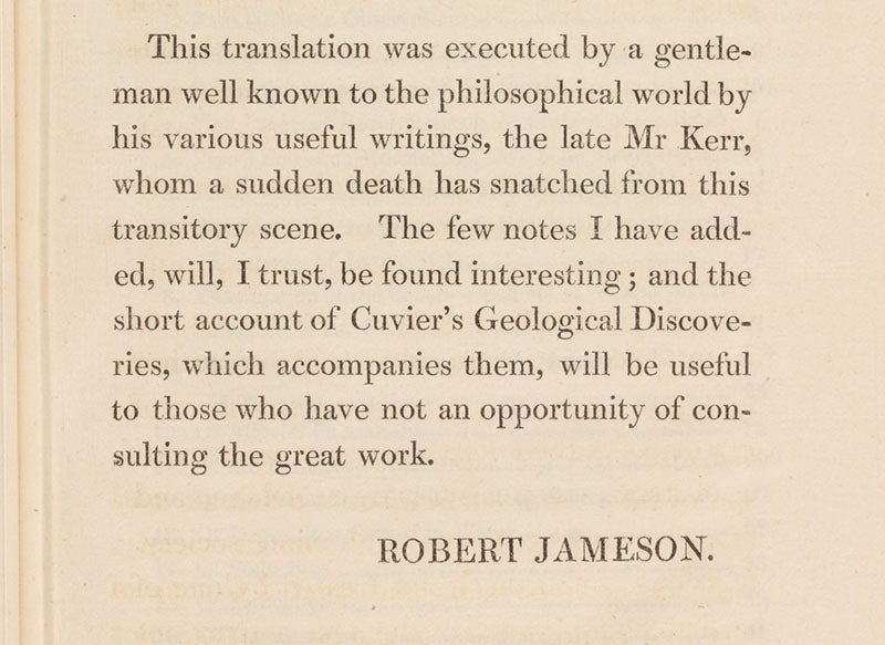 Last paragaph of preface by Robert Jameson, mentioning Robert Kerr, Essay on the Theory of the Earth, translated from the French of M. Cuvier, by Robert Kerr, 1813 (The Linda Hall)