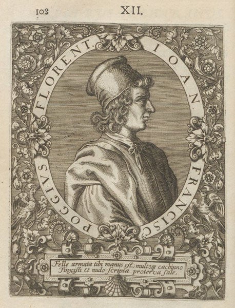Portrait of Poggio Bracciolini, engraved by Theodore de Bry, in Jean-Jacques Boissard, <i>Icones quinquaginta virorum illustrium</i>, vol. 1, 1597 (Linda Hall Library)