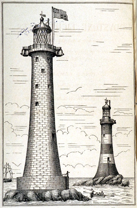 New Eddystone Lighthouse (left) and Smeaton's original lighthouse (right). Image source: Edwards, E. Price, et al. The Eddystone Lighthouses (New and Old): An Account of the Building, and General Arrangements, of the New Tower. London: Simpkin, Marshall, 1882, frontispiece.