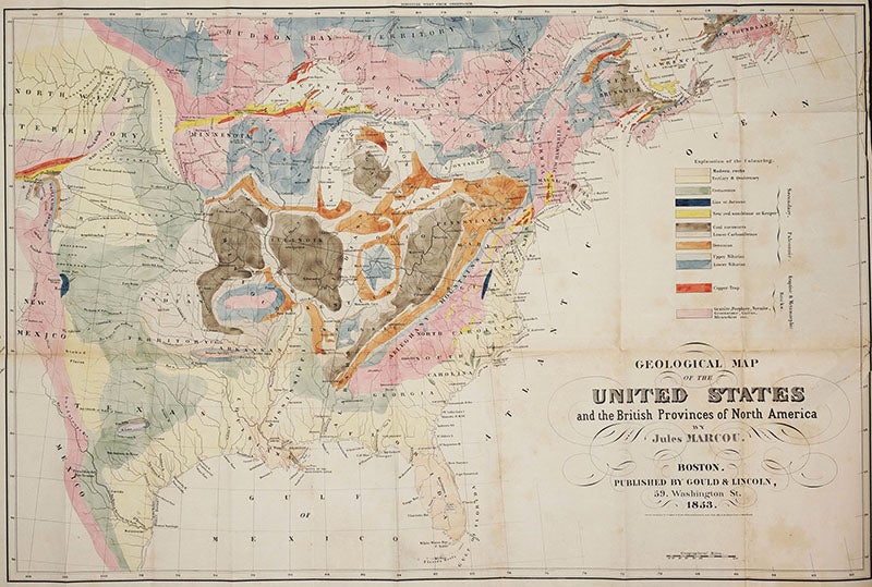 Complete map of the United States, slightly cropped from folding hand-colored engraved frontispiece, Jules Marcou, A Geological Map of the United States of America, 1853 (Linda Hall Library)