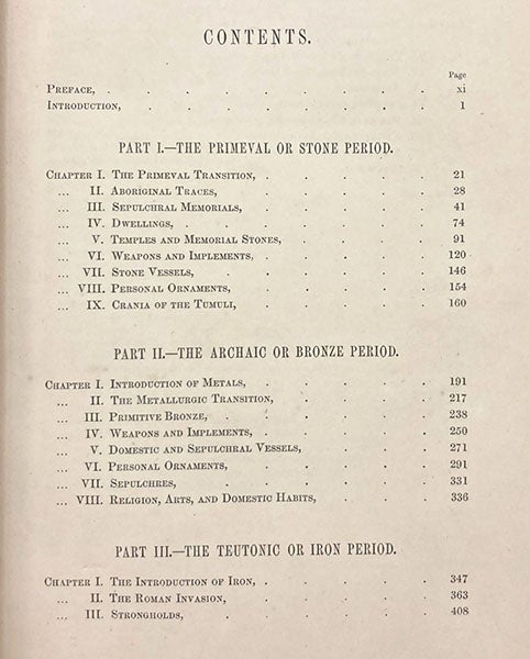 Table of contents, showing division into stone, bronze, and iron periods, The Archaeology and Prehistoric Annals of Scotland, by Daniel Wilson, 1851 (Linda Hall Library)