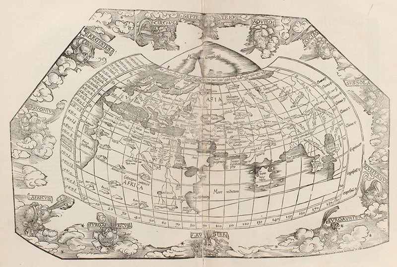 World map, woodcut, Geographicae enarrationis libri octo, by Ptolemy of Alexandria, 1525 (Linda Hall Library)