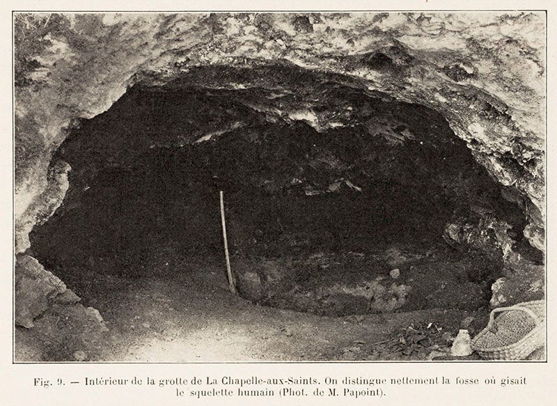 The rock shelter at La Chapelle-aux-Saints where the Neanderthal skeleton was discovered on Aug. 3, 1908, photograph reproduced in “L’Homme fossile de La Chapelle-aux-Saints,” by Marcellin Boule, Annales de Paleontologie, vol. 6, 1911 (Linda Hall Library)