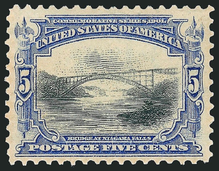 5-cent blue and black “Bridge at Niagara Falls, U.S. postage stamp, Pan-American Exposition issue, 1901, designed by Raymond O. Smith (usphila.com)