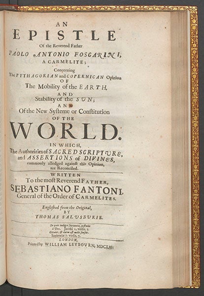 An Epistle of the Reverend Father Foscarini…, 1615, as it appeared, translated into English, in Thomas Salusbury, <i>Mathematical Collections</i>, 1661 (Linda Hall Library) 