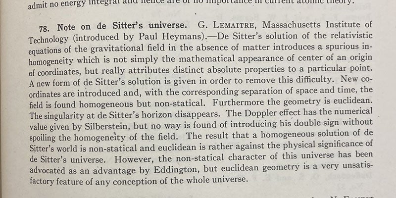 Abstract of paper by Georges Lemaître, 1925, reinterpreting Willem de Sitter’s third paper of 1917, Physical Review, vol. 25, 1925 (Linda Hall Library)