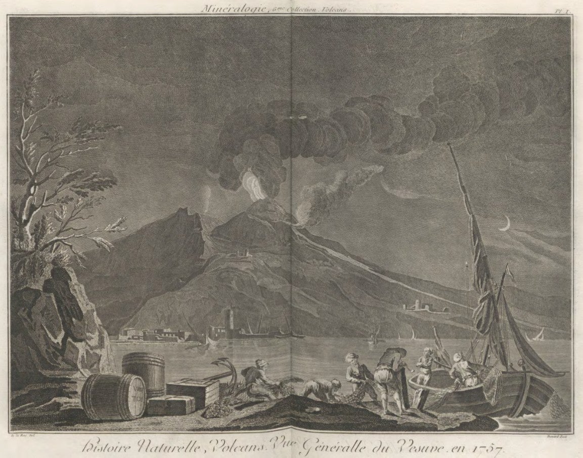 Eruption of Mount Vesuvius in 1757. Image source: Diderot, Denis, et al. Recueil de planches, sur les sciences, les arts libéraux, et les arts méchaniques, avec leur explication. Plates, vol. 6, Chez Briasson ..., 1762, pl. 1.