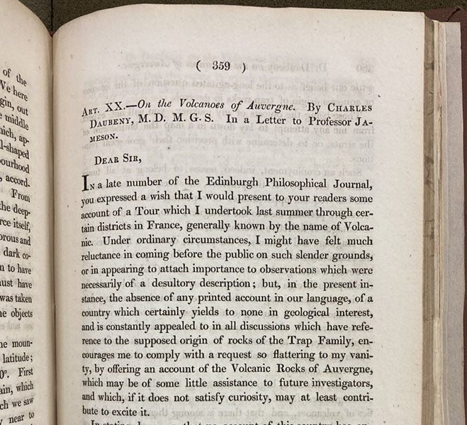 First page of “On the volcanos of Auvergne,” by Charles Daubeny, Edinburgh Philosophical Journal, vol. 3, 1820 (Linda Hall Library)