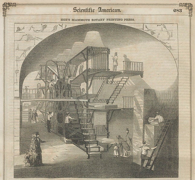 Rotary press built by Richard Hoe for the <i>New York Sun</i>, wood engraving, <i>Scientific American</i>, 1851 (Linda Hall Library)