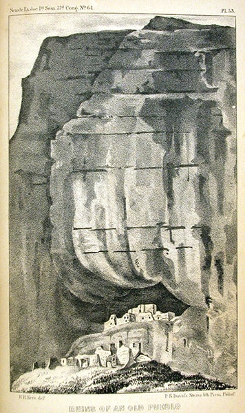 Canyon de Chelly, lithograph after drawing by Richard Kern, Reconnaissances of Routes from San Antonio to El Paso ... and the Report of Lieut. J. H. Simpson of an Expedition into Navajo Country, p. 53, 1850 (Linda Hall Library)
