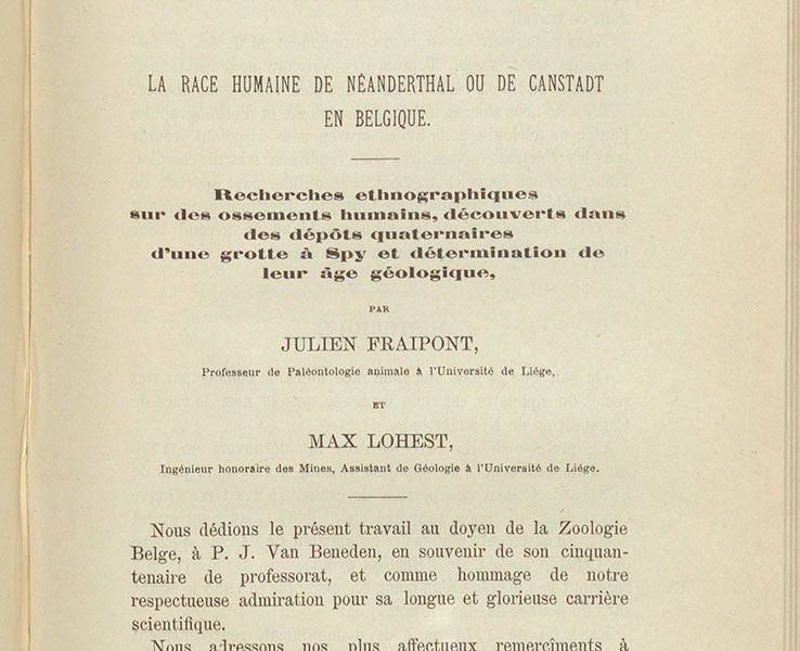 First page of article on the Spy skulls, detail, by Julien Fraipont and Max Lohst, Archives de Biologie, vol. 7, 1887 (Linda Hall Library)