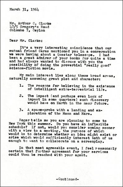 Letter from Stanley Kubrick to Arthur C. Clarke, Mar. 31 1964 (openculturel.com)
