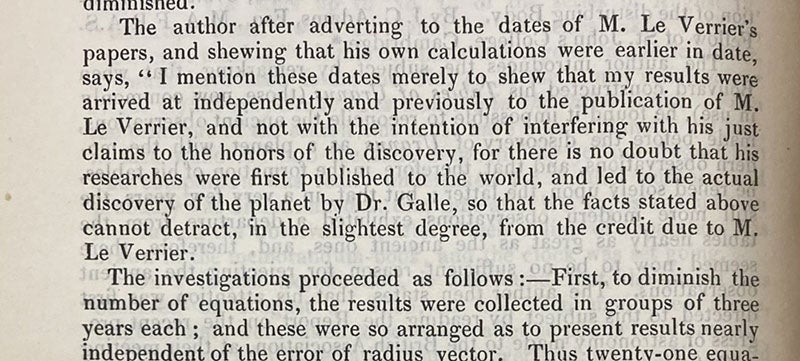 Disclaimer of John Couch Adams at being a co-discoverer of Neptune, in his paper, “An explanation of the observed Irregularities in the Motion of Uranus…, Monthly Notices of the Royal Astronomical Society, vol. 7, p. 150, 1846 (Linda Hall Library)