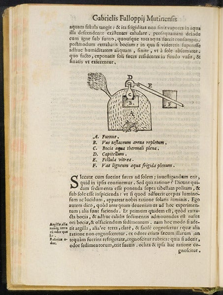 Chemical furnace, woodcut, De medicatis aquis, atque de fossilibus, by Gabiele Falloppio, p. 35 verso, 1569 (The Linda Hall)