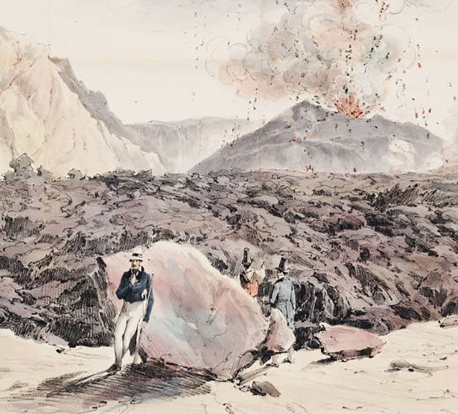 Detail of second image, depicting Auldjo himself in the white pants, leaning on a rock and contemplating (without looking at) a spewing lava dome (Linda Hall Library)
