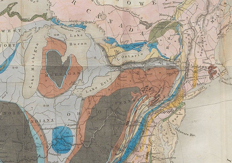 Geological map of the United States, hand-colored engraved frontispiece in Travels in North America, by Charles Lyell, vol. 2, plate 2, London, 1845 (Linda Hall Library)