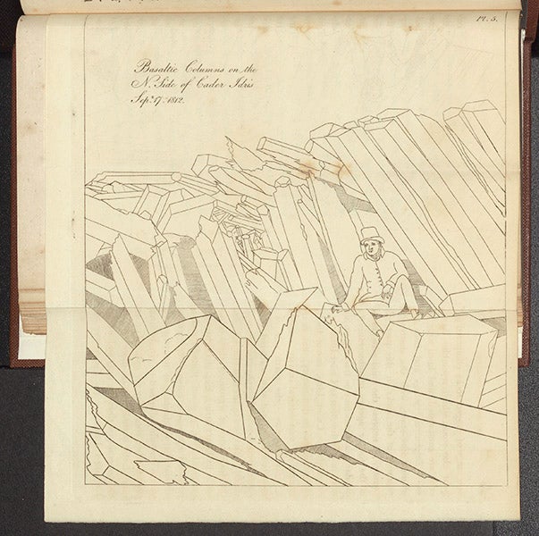 Basaltic columns with geologist, Cader Idris, northwest Wales, engraving,  Robert Bakewell, An Introduction to Geology, 2nd ed., 1815 (Linda Hall Library)